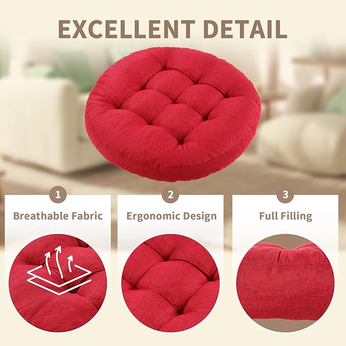 Meditation Floor Pillow, 2 Pack Round Floor Cushions for Adults, Button Tufted Seat Cushions for Yoga Tatami Living Room, Wine Red, 22 x 22 x 4 in
