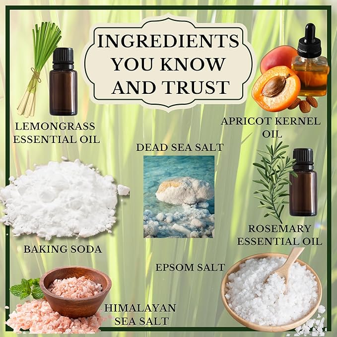 | 6 Lemongrass Rosemary Self Care Gifts for Women, Aromatherapy Epsom Salt Bath Soak, Lavender Soap, Bath Bombs, Bath Salts with Plant Based Loofa Dry Brushing Body Brush Gift - Bloomnest