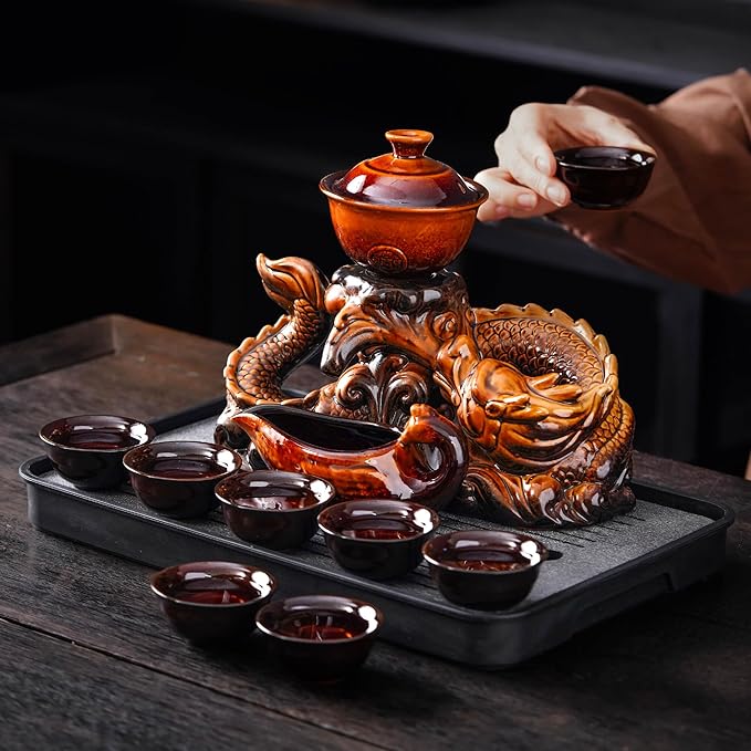 Semi Automatic Tea Set Ceramic Teapot with Infuser Magic Teapot with 8 cups (Yellow Dragon-D) - Bloomnest