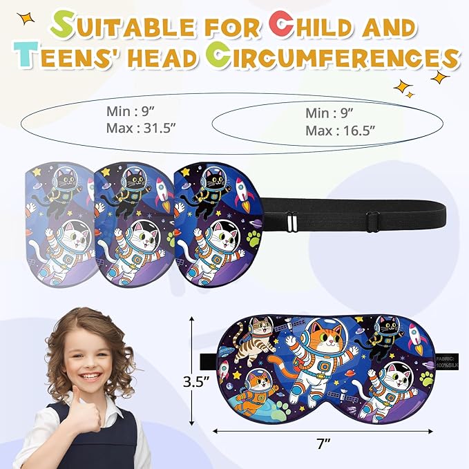 Silk Kids Sleep Mask: 100% Mulberry Silk Eye Mask, Sleeping Masks with Adjustable Strap, Soft & Light-Blocking Printed Kid Eye Cover for Boys Girls Teens Aged 5-15 (Space Cat Theme) - Bloomnest