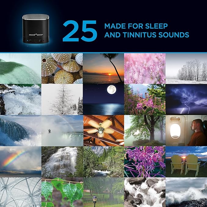 Sound Oasis® Bluetooth® Tinnitus Sound Therapy System® - Sleep Better, Manage and Mask Tinnitus, 25 Built-in Sounds for Tinnitus Relief, 12-Hour Sound Duration - Bloomnest