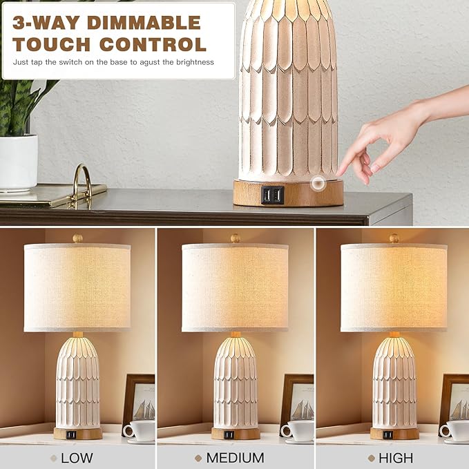 Boho Table Lamps Set of 2, Farmhouse 3-Way Dimmable Touch Nightstand Lamp with 2 USB Charging Ports, White Vintage Bedside Lamp for Bedroom Living Room End Table (Bulbs Included) - Bloomnest