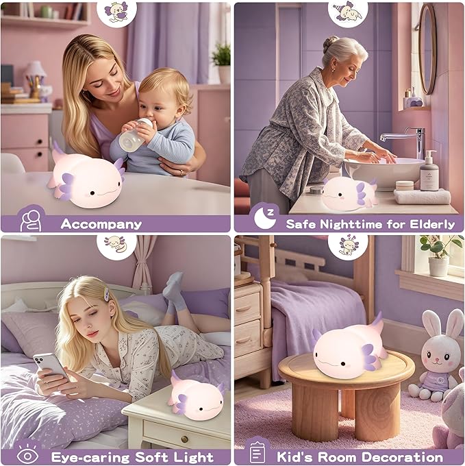 Axolotl Night Light for Kids,Cute Purple Axolotl Lamp ,LED Squishy Nursery Nightlight, Food Grade Soft Silicone Novelty Animal Bedside Lamp,Adorable Room Decor , Axolotl Gitfs for Mother Girls Baby - Bloomnest