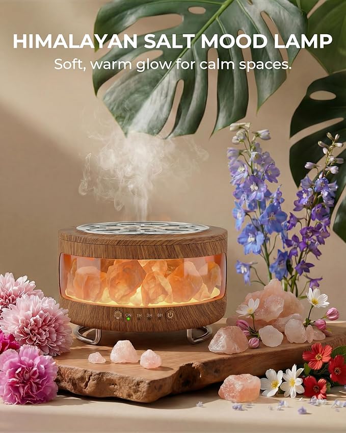 Essential Oil Diffuser with Himalayan Salt Lamp, 350ml Ultrasonic Aromatherapy Humidifier, 7 Colors LED Light, Timer & Auto Shut-Off for Home Bedroom Office Spa Yoga Bloomnest
