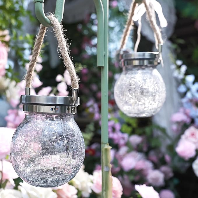 Cooo 6 Pack Heavy Crackle Glass Solar Lantern with 30 LED Firefly Lights– Waterproof Outdoor Hanging Lamp 215% Larger Solar Panel, Stainless Steel Lid Decorative Lighting for Garden Patio Table - Bloomnest