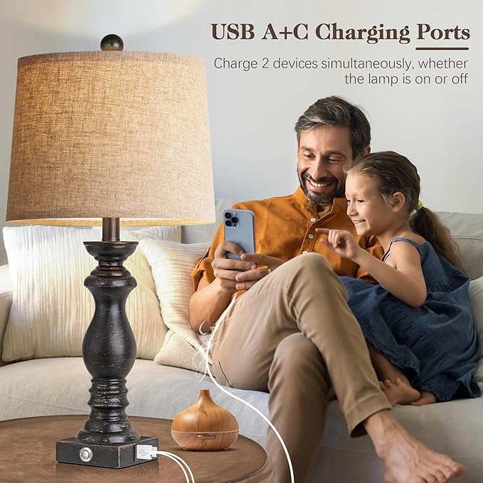 24.5" Table Lamp Set of 2, Rustic Farmhouse Bedside Lamps with USB A+C Charging Ports, 3-Way Dimmable Touch Control Nightstand Lamps for Living Room Bedroom, Antique Black, LED Bulbs Included - Bloomnest