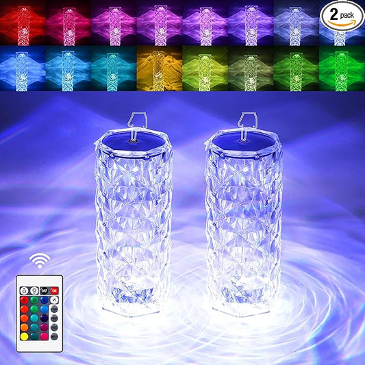 2 Pack Crystal Lamp - Touch Control Rose Crystal Lamp Light for Bedroom, 16 Color Dimmable LED Desk Lamp Light, Battery Operated Small Table Lamp for Bedroom with Remote Controller - Bloomnest