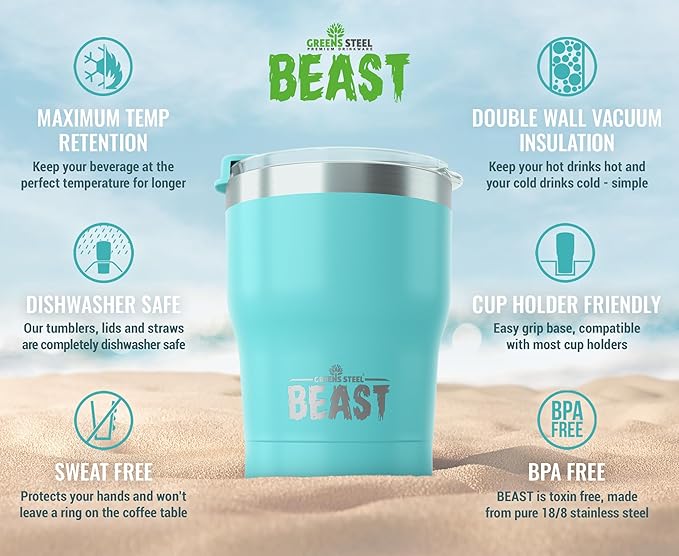 Beast 10 oz Tumbler Stainless Steel Vacuum Insulated Coffee Ice Cup Double Wall Travel Flask (Aquamarine Blue) - Bloomnest