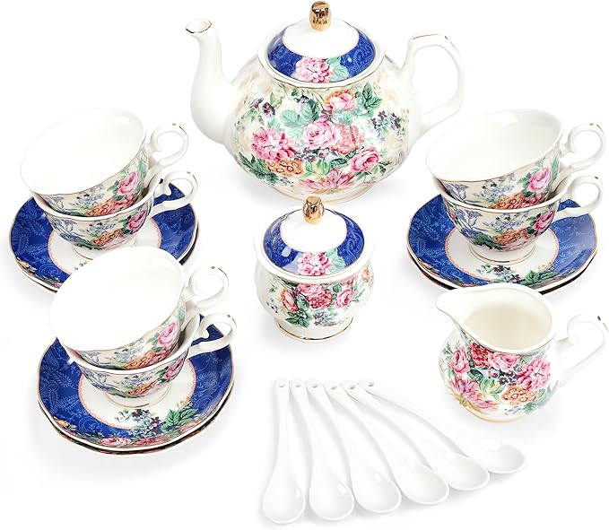 fanquare 21-Piece Blue Lace Porcelain Tea Set, China Coffee Cup and Saucer Set for 6, Pink Flower Tea Sets for Adults Women - Bloomnest