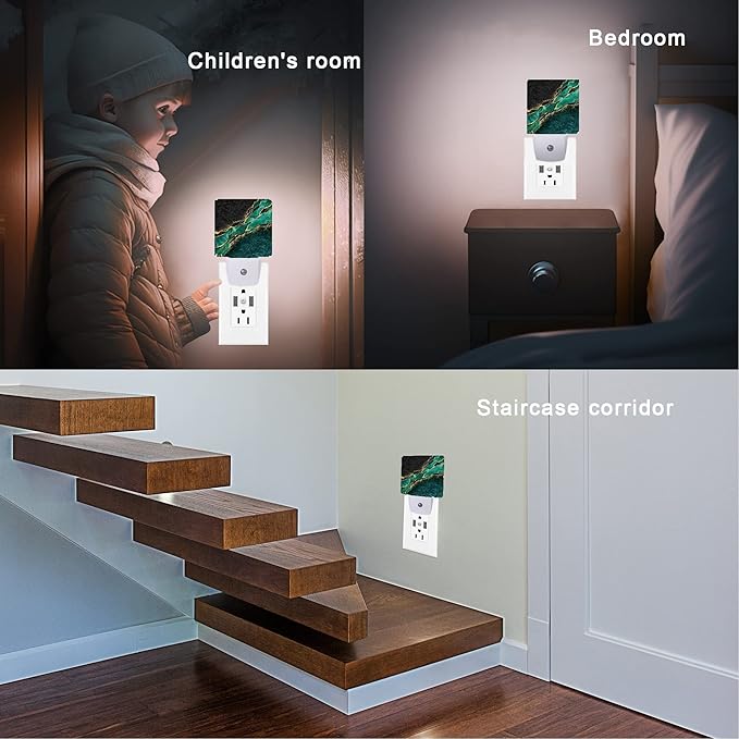 Green Marble Night Light,Golden Abstract Marble Veins Night Lights 0.5W Sleep Friendly for Boys Girls Led Night Light Dusk to Dawn Sensor Nightlight for Stairway/Hallway/Bedroom - Bloomnest