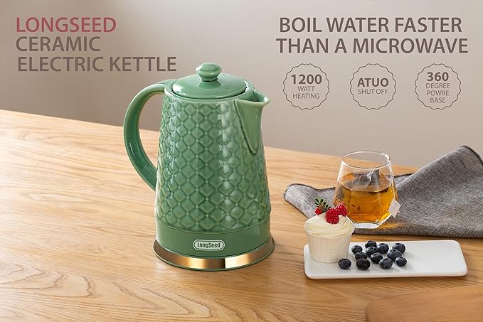Ceramic Electric Kettle, 1.5L/1200W Boil Water Quickly and Easily with Boil-Dry Protection Auto Shut Off, Detachable Swivel Base, Green Relief Carving - Bloomnest