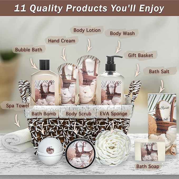Spa Baskets For Women - Luxury Bath Set With Coconut & Vanilla - Spa Kit Includes Wash, Bubble Bath, Lotion, Bath Salts, Body Scrub, Hand Cream, Shower Puff, Bathbombs, Soap and Towel - Bloomnest