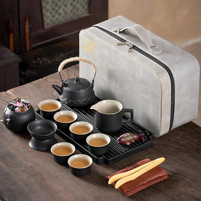 ICHAG Japanese Tea Set, Chinese Tea Sets for Adults, 15-Piece Porcelain Gongfu Tea Set with Tea Pet & Tea Tray, Japanese Teapot Set, Travel Tea Party Set, for Home/Office/Outdoor/Gifts - Bloomnest
