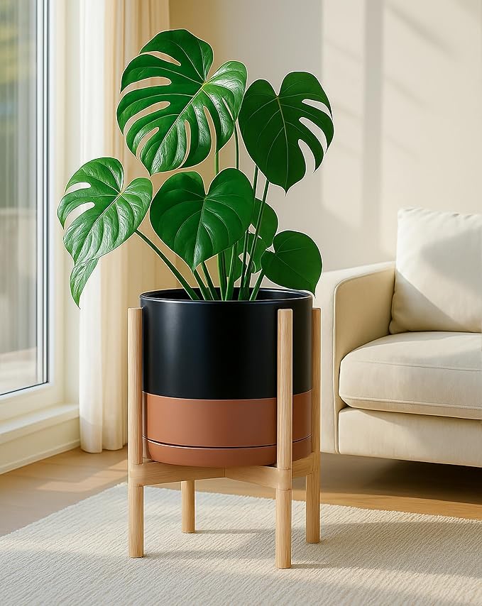 D'vine Dev Ceramic Planter with Natural Stand - 12 Inch Modern Round Flower Pot with Wood Planter Holder, Black/Speckled Tan, 55-B-J-7 - Bloomnest