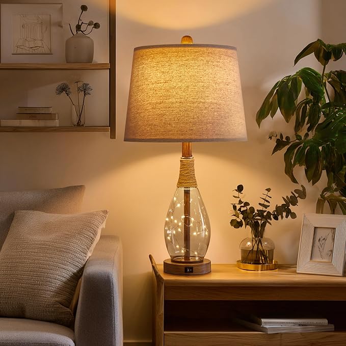 OYEARS Table Lamp Sets of 2,Lamps for Living Room,Bedside Lamps with USB A+C and Nightlight,Retro Farmhouse Rattan Glass,for Bedroom Living Room Bedroom,Two Light Points,23" - Bloomnest