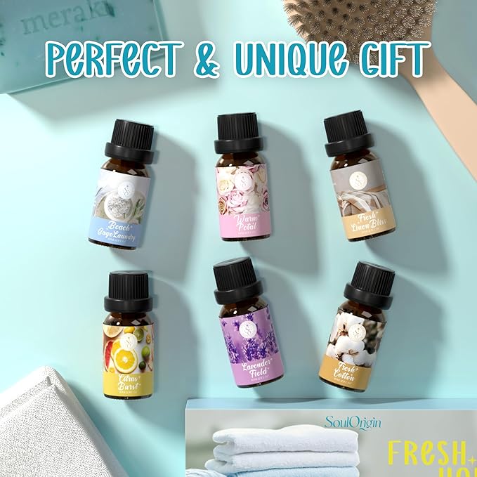 Clean Essential Oils Set, SoulOrigin Fragrance Oil Gift Set for Oil Diffusers, Scented Oils 6x10ml - Beach Sage Laundry Detergent, Citrus Burst, Lavender Fields, Fresh Linen, Warm Petals, Fresh Cotton - Bloomnest