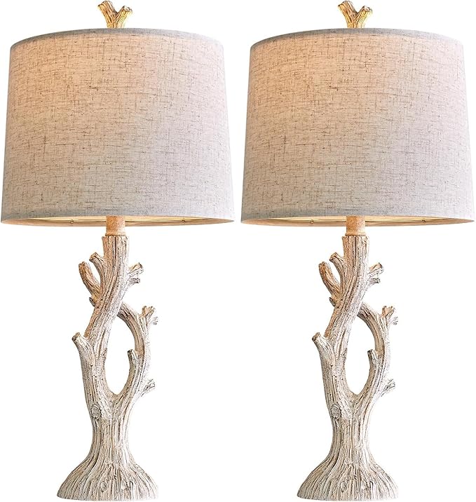 OYEARS Farmhouse Table Lamps Set of 2 for Living Room Bedroom Bedside Tree Lamp Nightstand End Table 25" Lamps Vintage Natural Style - Bloomnest
