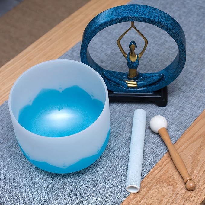 Leize Blue Lotus Design Crystal Singing Bowl G Note Throat Chakra Blue 8" with Heavy Duty Carrying Case Suede Striker