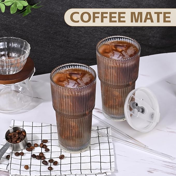 20OZ Glass Tumbler with Straw and Lid,Glass Cups with Lids and Straws,4PCS Ribbed Iced Coffee Cups Vintage Glassware for Juice Whiskey Cocktail Beer