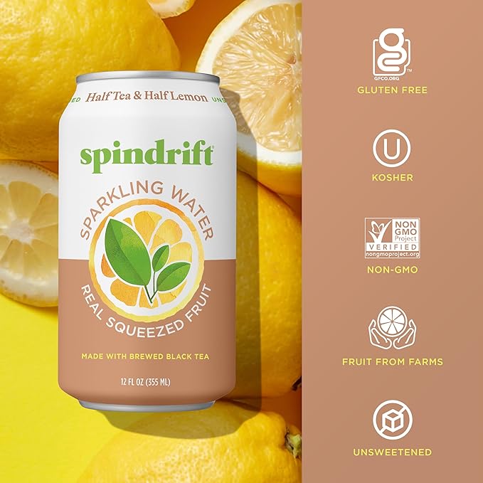 Spindrift Sparkling Water, Half Tea & Half Lemon Flavored, Made with Real Squeezed Fruit, 12 Fl Oz Cans, Pack of 24 (Only 5 Calories per Can) - Bloomnest