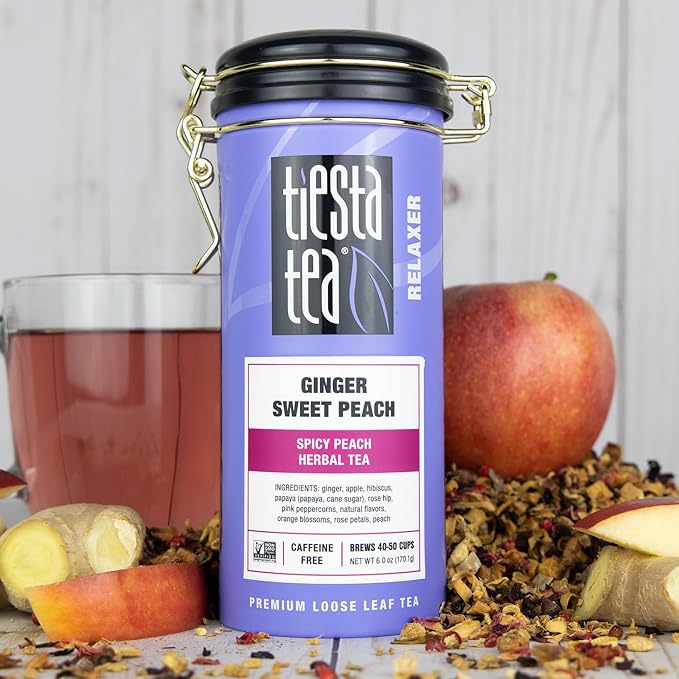 Tiesta Tea - Ginger Sweet Peach, Loose Leaf, Spicy Peach Herbal Tea, Tranquility Non-Caffeinated Blend, Bulk Hibiscus Leaves with Cane Sugar, Brews Up to 50 Cups, 6 Ounce Refillable Tin - Bloomnest