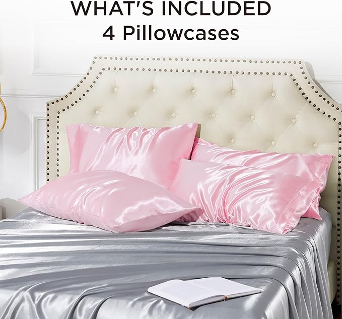 Bedsure Satin Pillowcase Standard Set of 4 - Pink Silky Pillow Covers for Hair and Skin 20x26 Inches, 4 Pack with Envelope Closure, Similar to Silk Pillow Cases, Gifts for Women Men - Bloomnest
