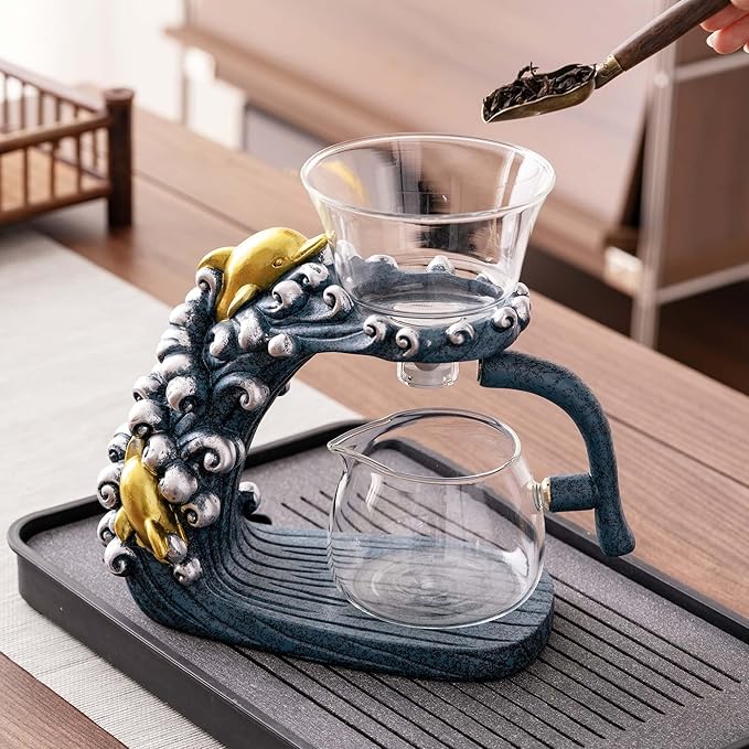 Glass Teapot Set with Infuser Semi Automatic Tea Set Magic Teapot (Dolphins) - Bloomnest