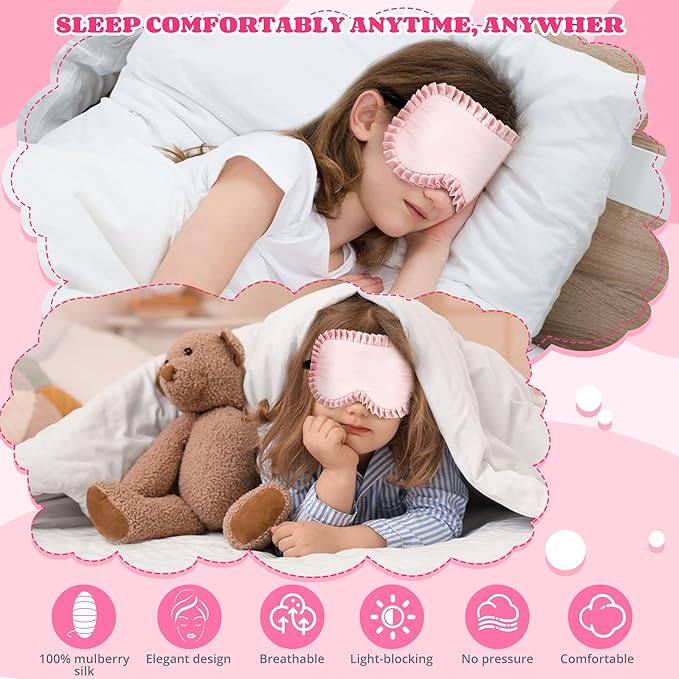 Kids Sleep Mask Eye Cover, 100% Real Mulberry Silk Sleep Mask with Adjustable Strap, Kids Blindfold for Sleeping, Boys Girls Eye Shade for Ages 5+, Soft and No Pressure (Pink) - Bloomnest