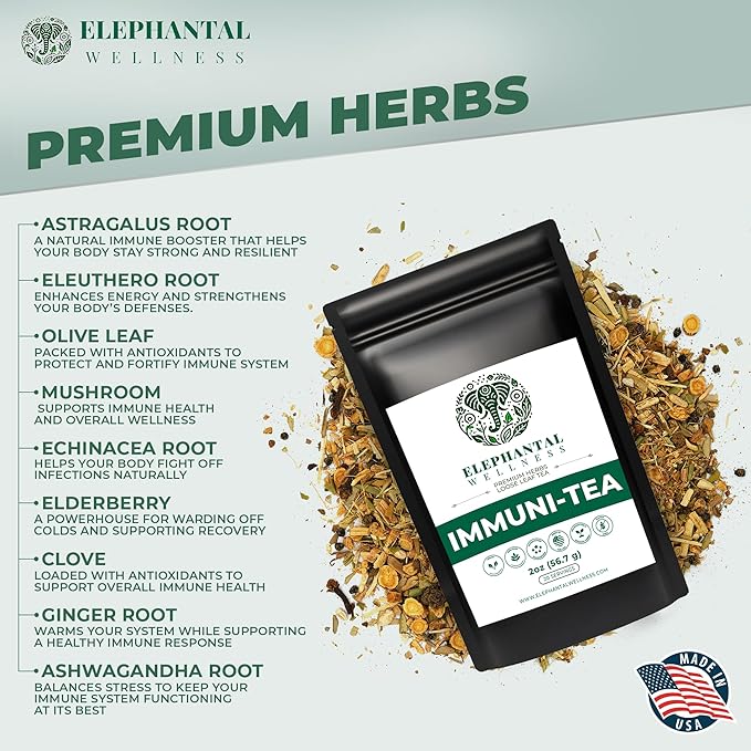 Elephantal Wellness Premium Immuni-Tea | Immune System & Respiratory Support with Reishi, Clove, Echinacea & Elderberry | Handmade, Caffeine-Free, Non-GMO Loose Leaf Blend, 2oz, 20 Servings - Bloomnest