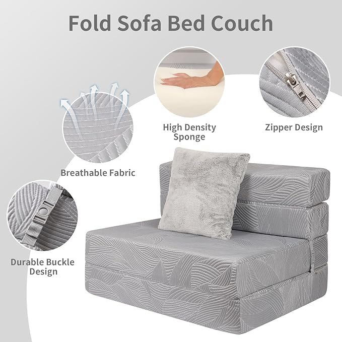 Tri Folding Sofa Mattress, High-Density Memory Foam Sofa Bed with a Fluffy Pillow, Futon Floor Couch Guest Bed, Twin Size, Grey - Bloomnest