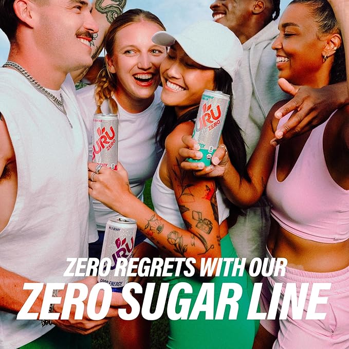 GURU ZERO SUGAR Wild Berry Organic Energy Drink with Plant Based Natural Caffeine from Green Tea, Coconut Water, Prebiotic, Zero Added Sugars, Gluten Free & Vegan, Pre Workout, 140MG Caffeine, 12 Oz (Pack of 24) - Bloomnest