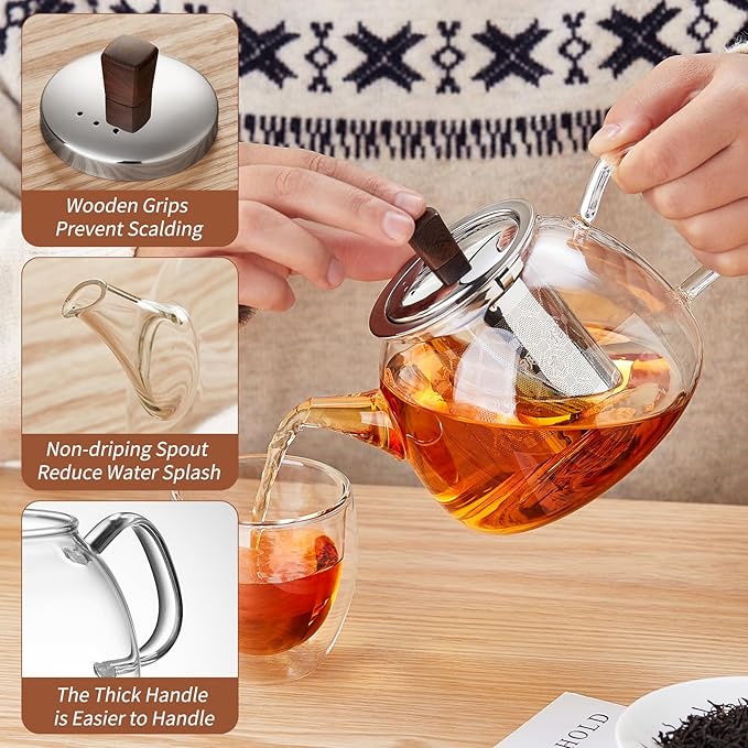 34OZ/1000ml Glass Teapot with Stainless Steel Infuser, Drip-Free Spout, and Wooden Knob Lid – Stovetop Safe Borosilicate Tea Kettle for Loose Leaf and Herbal Tea Brewing - Bloomnest