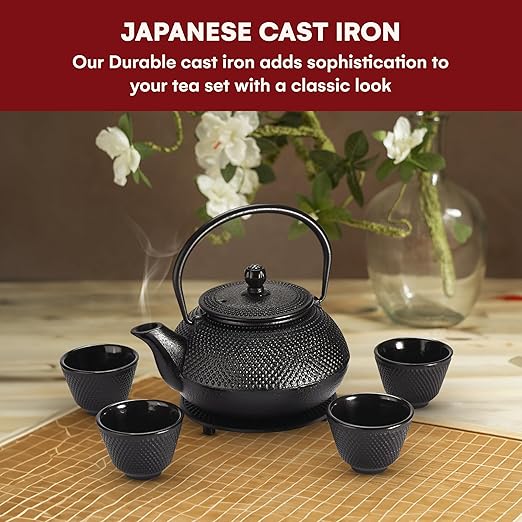 Kitchtic Japanese Coated Cast Iron Teapot Set of 4 - Kettle with Stainless Steel Infuser - Durable Heat Retention Tea Infusers - Japanese Style Kettles Teapots Tea for Home - for Green Tea, Loose Leaf - Bloomnest