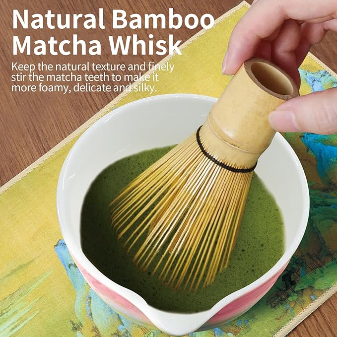 Matcha Whisk Set, 7-Pcs Matcha Set Includes Gradient Ceramic Matcha Bowl and Chasen Holder, Bamboo Whisk, Stainless Sifter, Teaspoon, Tea Towel, Spoon, Matcha Kit for Tea Lovers (Pink) - Bloomnest