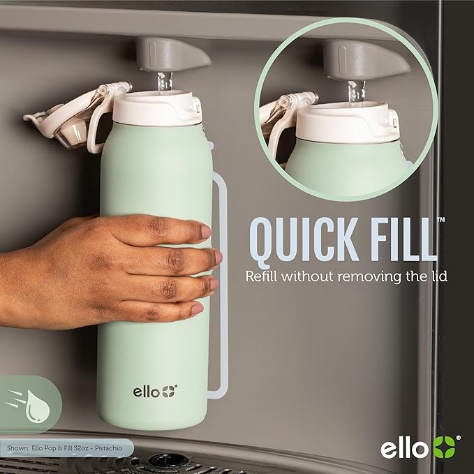 Ello Pop & Fill Insulated Stainless Steel Water Bottle with Quick Fill Lid, Leakproof Locking, Sip or Chug Spout, BPA-Free, Double Wall Vacuum Insulated for Sports, Travel & School- 22oz / 32oz / 40oz Ello