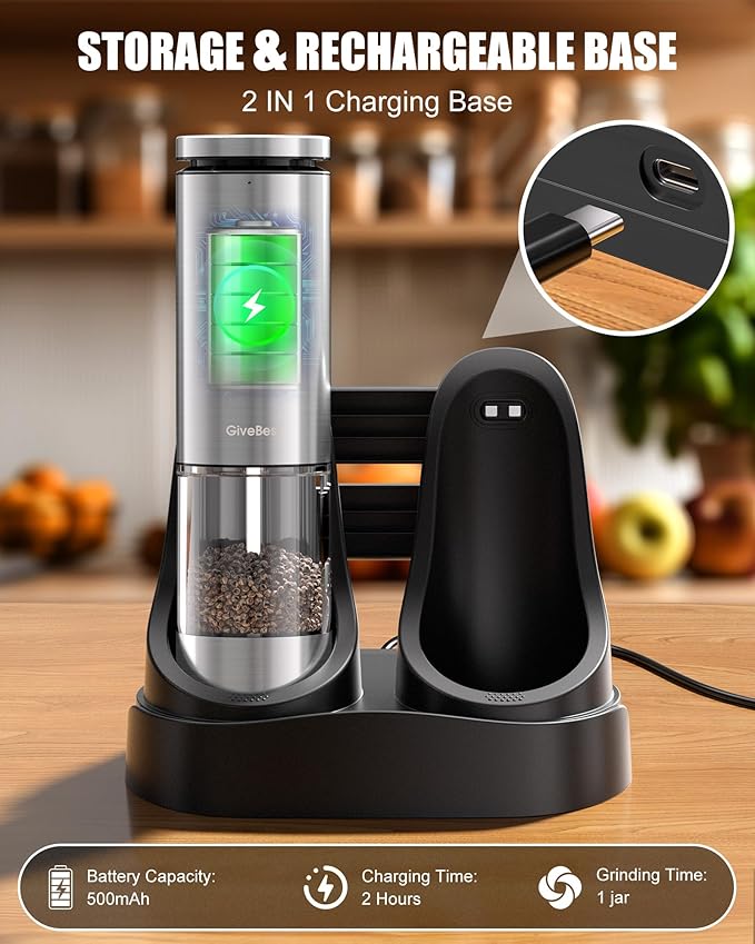 GiveBest Electric Salt and Pepper Grinder Set with Easy-to-Carry Charging Base and LED Light, Automatic Salt and Pepper Grinder Set, Adjustable Coarseness, USB Rechargeable, Washable Container - Bloomnest