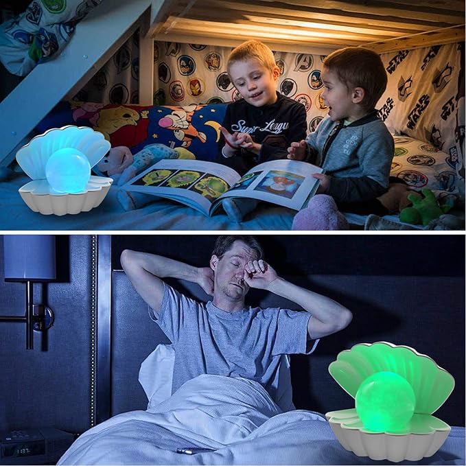 Shell Pearl Beach Themed Night Light, RGB 8 Colors Changing Mood Shell Pearl Lamps, Bedside LED Clamshell Portable Night Lights for Bar (White) - Bloomnest