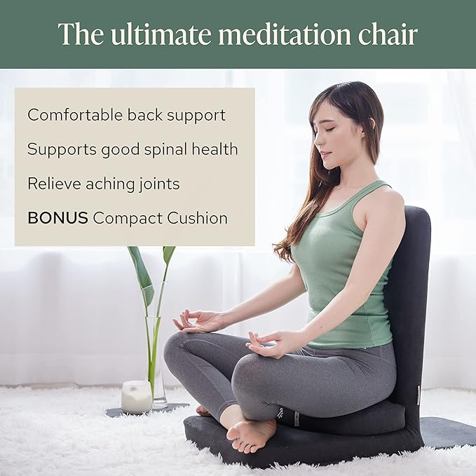 Mindful Modern Folding Pro Meditation Chair - Adjustable Meditation Seat with Back Support and Half Moon Buckwheat Meditation Cushion - Comfortable Mindfulness Living Room Floor Chair - Bloomnest