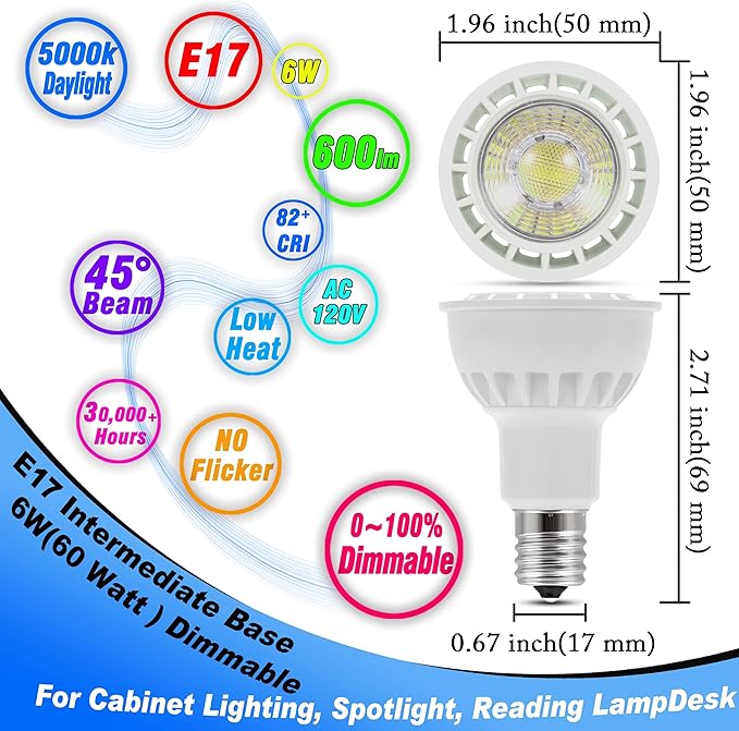 E17 LED Spotlight Bulb Dimmable 6W (60 Watt Equivalent) E17 Intermediate Base Type R14 Reflector Light Bulb for Desk Reading Cabinet Lamp Track Lights, Daylight 5000K, 600 Lumen, 3 Pack - Bloomnest