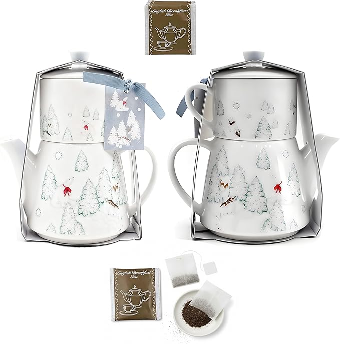 Christmas Teapot Set Ceramic Tea Pot with English Breakfast Tea, 17OZ Christmas Tree Tea Kettle with Mug as Birthday & New Year Gifts for Home & Kitchen Decor(Christmas Tree) - Bloomnest