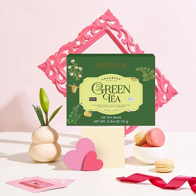 VAHDAM, Green Tea Variety Pack Sampler Assortment (36 Pyramid Tea Bags, 6 Flavor) | Non-GMO Project Verified Himalayan Green Tea with No Artificial Ingredients | Valentines Day Gifts for Him & Her