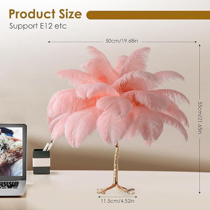 MAYOLA Modern Ostrich Feather Table Lamp with Plug in Wire,3-Light Bedside Floor Lamp for Living Room, Bedroom and Office 24” Tall Feather Desk Lamp (Pink, Table Lamp-Resin) - Bloomnest