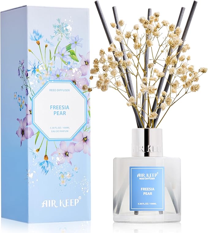 Airkeep Reed Diffuser Set,3.38 fl oz (100 ml) - Freesia Pear Oil Diffusers with 8 Reed Sticks, Home Fragrance Reed Diffuser for Bathroom Shelf Decor - Bloomnest