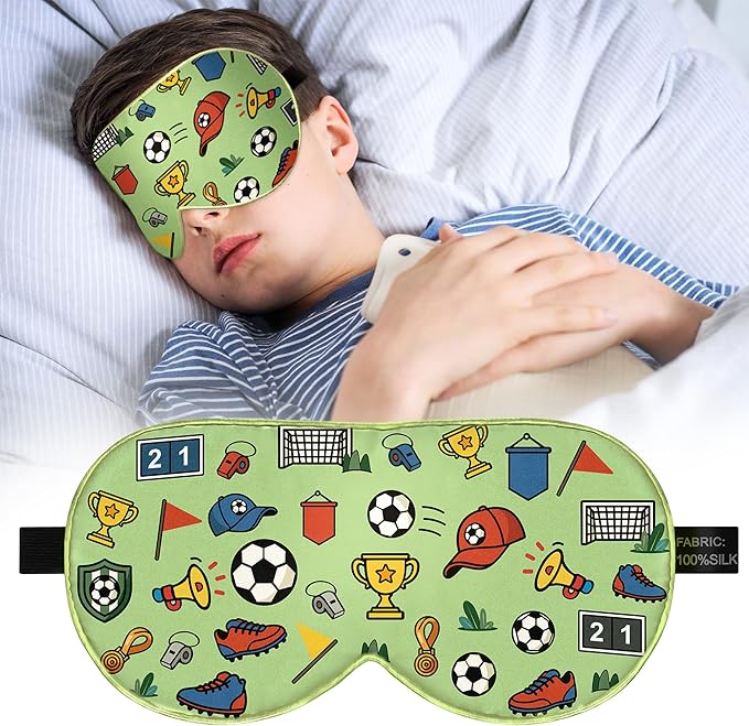 Kids Silk Sleep Mask: 100% Mulberry Silk Eye Mask with Adjustable Strap, Cute Sleeping Blindfold for Boys Girls Teens, Soft & Lightweight Eye Shade for Travel, Nap, Bedtime (Soccer Cute Print) - Bloomnest