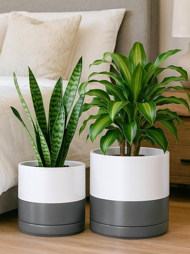 D'vine Dev 8.2 Inch & 10 Inch Ceramic Planter Pot for Plants with Drainage Hole and Saucer, Large Plant Pots Set, White/Speckled Grey, 94-G-L-6 - Bloomnest