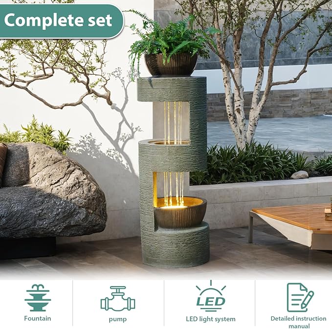 38" Outdoor Water Fountain with Waterfall & LED Lights Freestanding Garden Water Fountain for Patio/Backyard Resin Tiered Fountains with Pump, Brown - Bloomnest