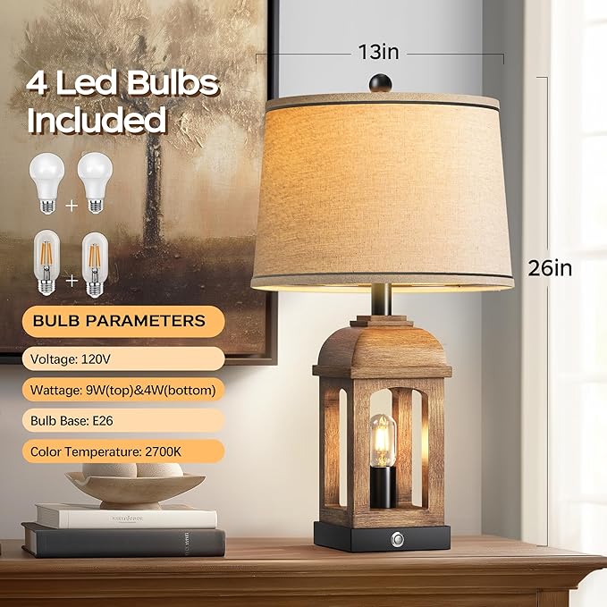 QiMH Table Lamp for Living Room, Farmhouse Lamps Set of 2 with USB A+C and Nightlight, 26" Rustic Bedside Lamps with 3-Way Dimmable Touch Control, Nightstand Lamp for Bedroom Decor, Wood Grain - Bloomnest