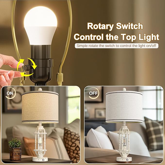 23.75'' Table Lamps Set of 2 for Living Room Bedroom Industrial Farmhouse Metal Touch Lamps with USB A+C Ports, Night Light Vintage Nightstand Bedside Lamp, Bulbs Included, White - Bloomnest