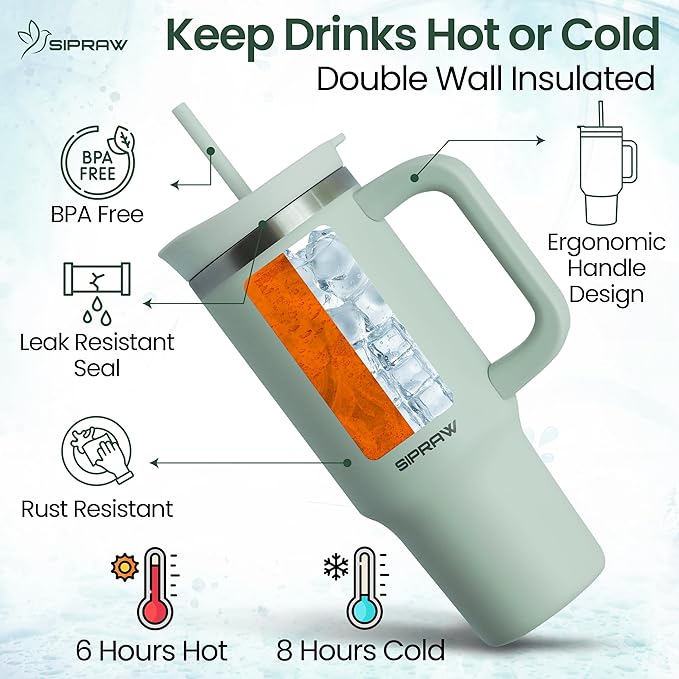 Tumbler with Handle, Insulated Tumbler with Lid and Straw, Stainless Steel Travel Coffee Mug, Cup Holder Friendly, Perfect for Camping, Travelling & Gifting, 30oz, Pastel green - Bloomnest