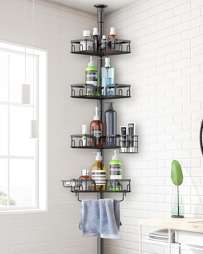 Corner Shower Caddy Tension Pole 4 Tier Adjustable Stainless Steel Shower Shelf for Inside Shower Bathtub Shampoo,Standing Bathroom Organizer Shelves with 39 to 113 inch Height - Bloomnest